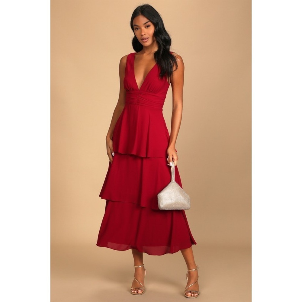 Celebration Time Red Sleeveless Tiered Midi Dress